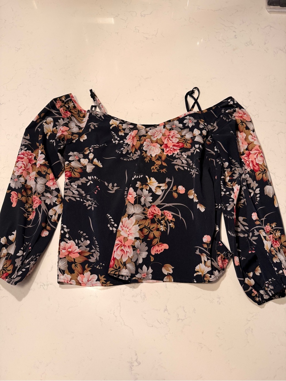 SHEIN Black Floral Off-Shoulder Blouse with Pink and Cream Flowers